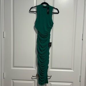 NWT Lulus Thriving Time Green Ruched Mesh Bodycon Midi Dress sexy tight fitted s